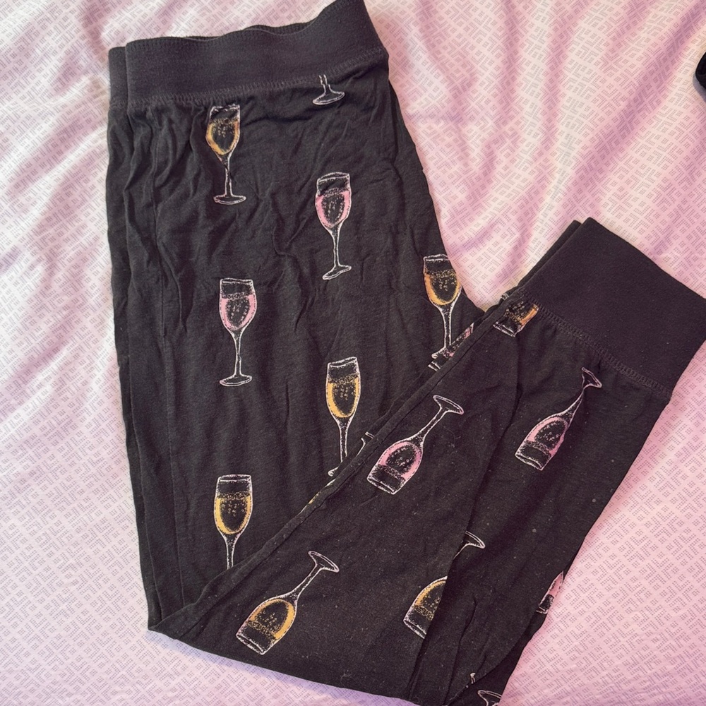 Black Pajama Pants with Wine Glass Print